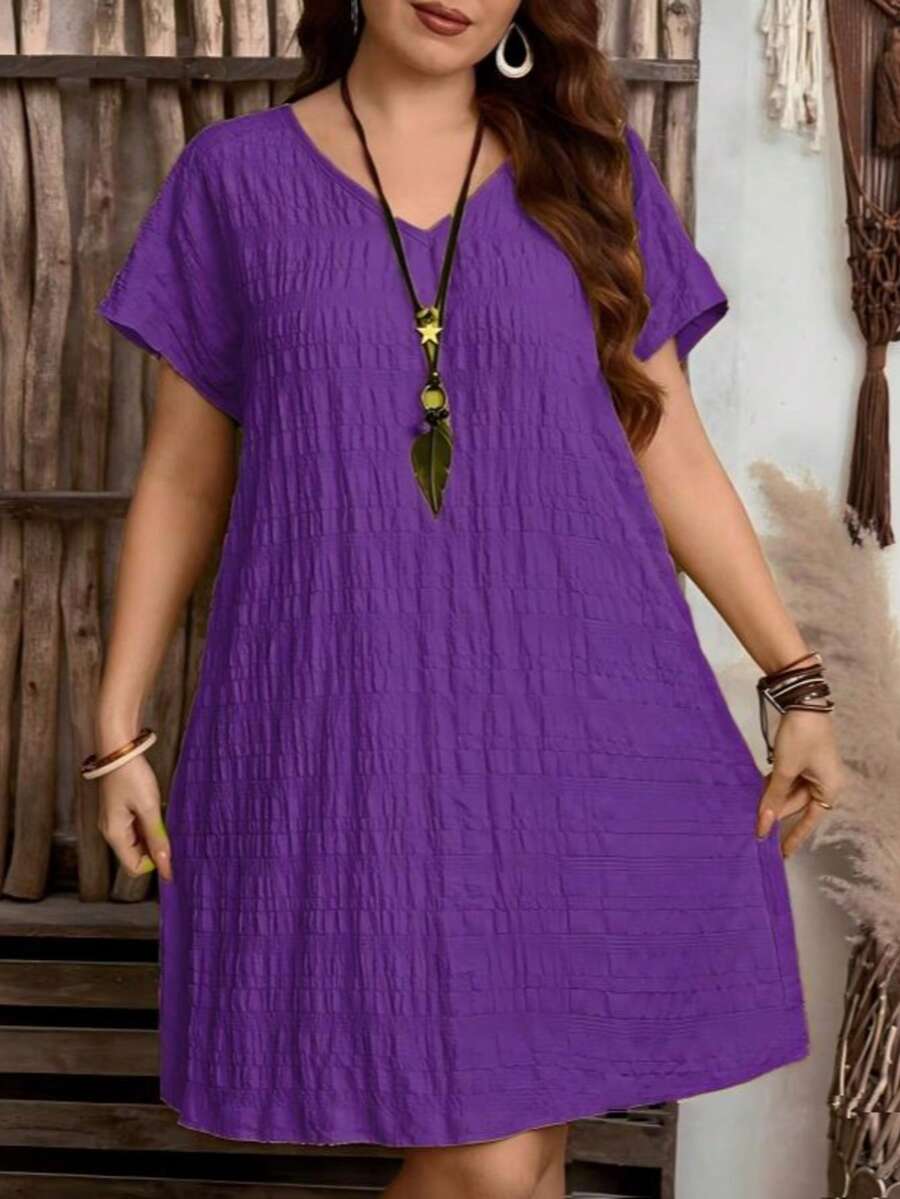 Plus Size V-Neck Solid Color Fashion Vintage Loose Short Sleeve Dress (Bust Measurement) Elegant Summer - Purple - View 1
