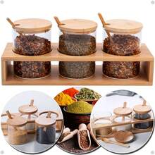 Set Of 3 Spice Jars With Bamboo Lids, 300ml, Tray, Container, Spoon, Food Storage Organizer - Mocha Brown - View 5