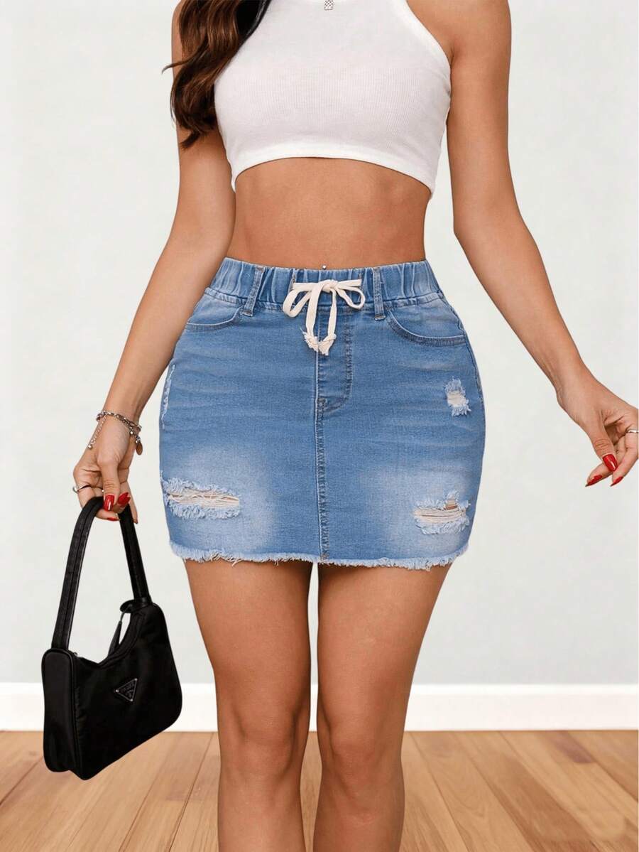 Women's Mid-Waist Solid Color Ripped Drawstring Denim Mini Skirt - Casual & Elegant Homewear - Medium Wash - View 1