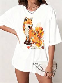 1pc Unisex Women's Fox & Autumn Leaf Graphic Print T-Shirt, 100% Cotton Blend Fabric, Round Neck & Short Sleeve & Loose Fit Detail, with Soft, Comfortable, Machine-Washable Functions, Casual Style, T-Shirt, Suitable for Daily Wear, All-Season Wear, Autumn & Gift-Giving - Blanco - Ver 1