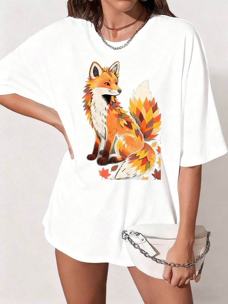 1pc Unisex Women's Fox & Autumn Leaf Graphic Print T-Shirt, 100% Cotton Blend Fabric, Round Neck & Short Sleeve & Loose Fit Detail, with Soft, Comfortable, Machine-Washable Functions, Casual Style, T-Shirt, Suitable for Daily Wear, All-Season Wear, Autumn & Gift-Giving - Blanco - Ver 1