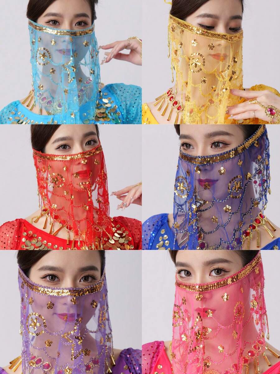 Véu de Rosto para Festa, Acessório de Máscara de Festival para Mulheres, Véu com Franjas de Lantejoulas Cintilantes, Cobertura para Dança do Ventre, Carnaval, Halloween, Fantasia de Natal Mascarada