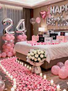 549/28pcs Pink & Silver 16 Inch Birthday Banner Balloon Set, Includes Silver Heart Balloons, Pink Petals And 10 Inch Latex Balloons, Ideal For Birthday Party, Girlfriend's Birthday Gift, Wedding Decoration, Valentine's Day, Anniversary And Party Decor - Multicolor - View 4