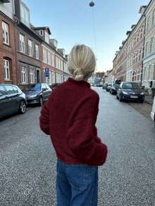 Áo len dệt kim cổ cao dáng rộng thoải mái cho nữ, thích hợp mặc hàng ngày, ở nhà và dạo phố, mùa thu/đông - Màu Đỏ Sâu - Xem 2