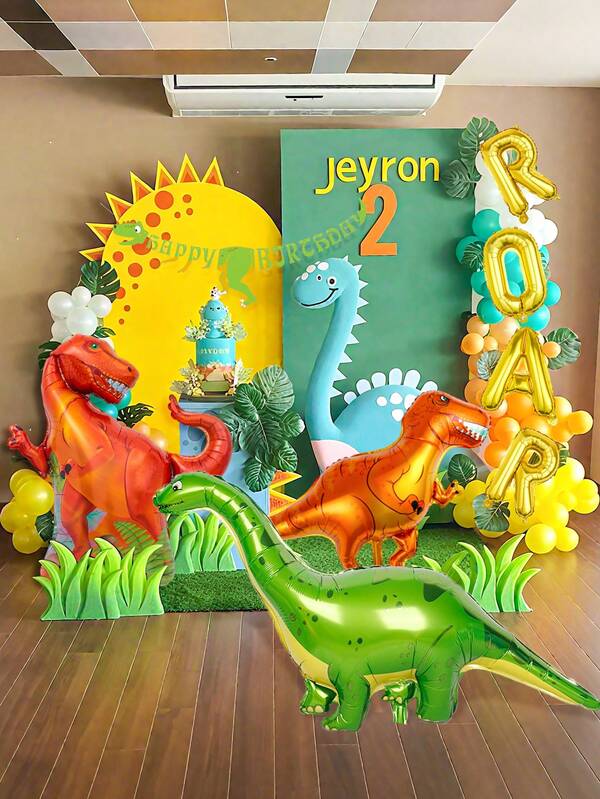 49pcs "ROAR" Dinosaur Foil Balloon Set & 1 Set Dinosaur Pennant Flags, Tyrannosaurus Rex, Brachiosaurus, Velociraptor, Dinosaur Foil Polyester Balloons, Suitable For Birthday Party, Shower, Celebration, Dinosaur Themed Party, Boys Jungle Dinosaur Party Decor