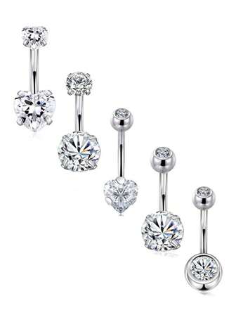 5pcs 14G Stainless Steel Belly Button Rings For Women Girls Heart Navel Rings CZ Body Piercing Valentines,Mom,Mother,Mother's Day,Gift