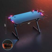 HLDIRECT Gaming Desk With LED Lights, Ergonomic Computer Gaming Table With Carbon Fibre Surface, Sturdy PC Workstation Desk For Gaming And Home Office With Headphone Hook, Cup Holder, Black - 黑色 - 查看 8