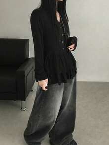 Korean Style Spring New V-Neck Peplum Hem Tie Design Long Sleeve T-Shirt, Layered Look Ladies Top - Black - View 3