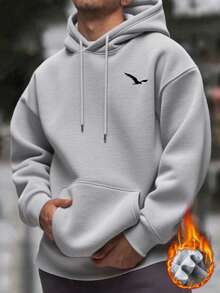 新品上市！男士秋冬休闲连帽衫，鸟类印花，袋鼠口袋和抽绳设计，长袖上衣 - 深灰色 - 查看 1