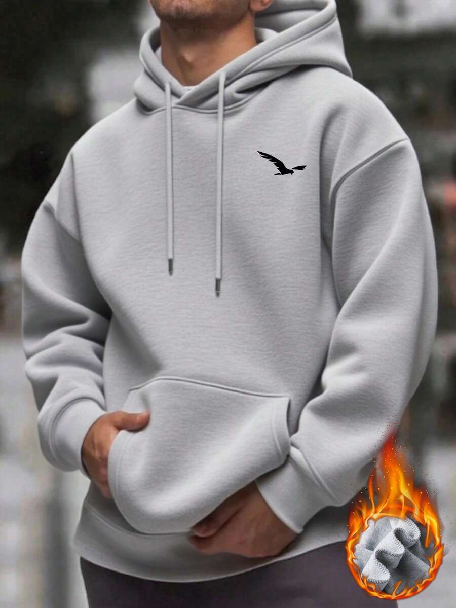 新品上市！男士秋冬休闲连帽衫，鸟类印花，袋鼠口袋和抽绳设计，长袖上衣 - 深灰色 - 查看 1