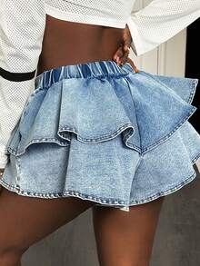 Happy Girl Casual Denim Shorts With Ruffle/Frill Hem, Fashionable Versatile Design For Spring/Summer, Suitable For Daily, Travel, Airport Wear - Blue - View 8