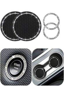 4pcs Car Coasters With Diamond Inlay, Car One Click Start Decorative Ring Set, Car Interior Water Cup Mat - Multicolor - View 7