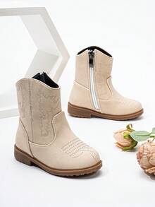 Autumn/Winter Embroidered Totem Boots, New Wear-Resistant Warm Comfortable Flat Western Style Versatile Baby Boots, Fashion Minimalist Side Zipper Short Boots - Apricot - View 2