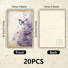 20 بطاقة بريدية قابلة للكتابة بموضوع الخزامى والفراشات، تصميم مائي رومانسي بالأزهار والفراشات، بطاقات قرطاسية ديكورية عتيقة، بطاقات تهنئة عطلات إبداعية، بطاقات بريدية طبيعية جميلة، بطاقات هدايا مكتوبة باليد، بطاقات بريدية بتوضيحات شافية