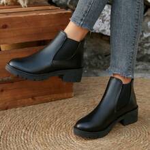 女式加大码黑色短靴，粗跟厚底一脚蹬休闲踝靴，混合面料和皮革，高跟，秋冬中筒靴，女式靴子 - 黑色 - 查看 2