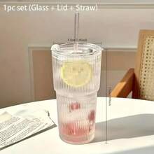 1 Set Of Striped Glass Cup With Straw And Lid, High-Quality Premium 600ml Coffee And Juice Cup, Suitable For Home, Office, Beach, Parties, Multipurpose Beverage Container For Coffee, Tea, Milk
