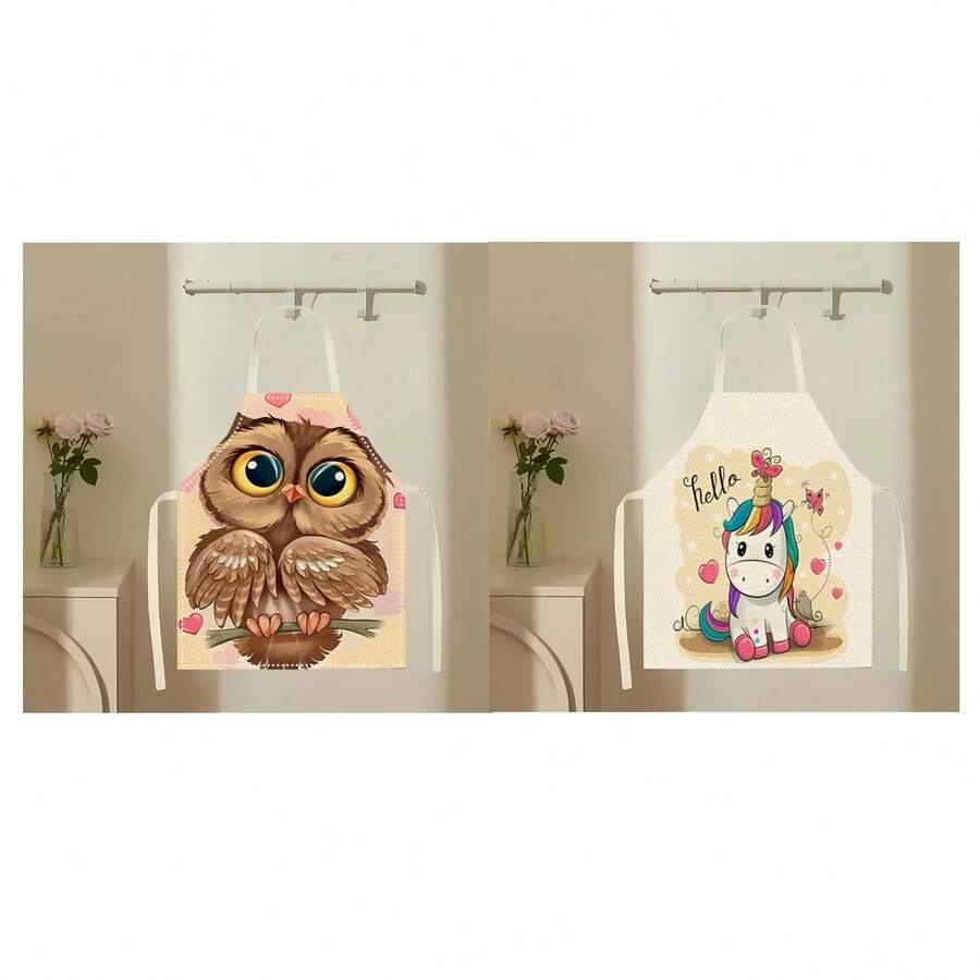 1pc Owl And Unicorn Pattern Apron, Creative, Fun And Fashionable Printed Home Cleaning Apron, Oil-Resistant And Easy-To-Clean Kitchen Cooking Apron, Creative Home Apron - Multicolor - View 1