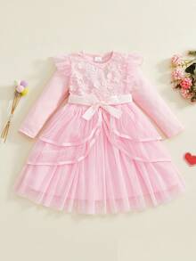 Toddler Dress Girls Ruffle Long Sleeve Layered Tulle Dress Fall Spring Fashion Party Dresses 3-10T, Kids Holiday Birthday Wedding Outfit - Hồng - Xem 7