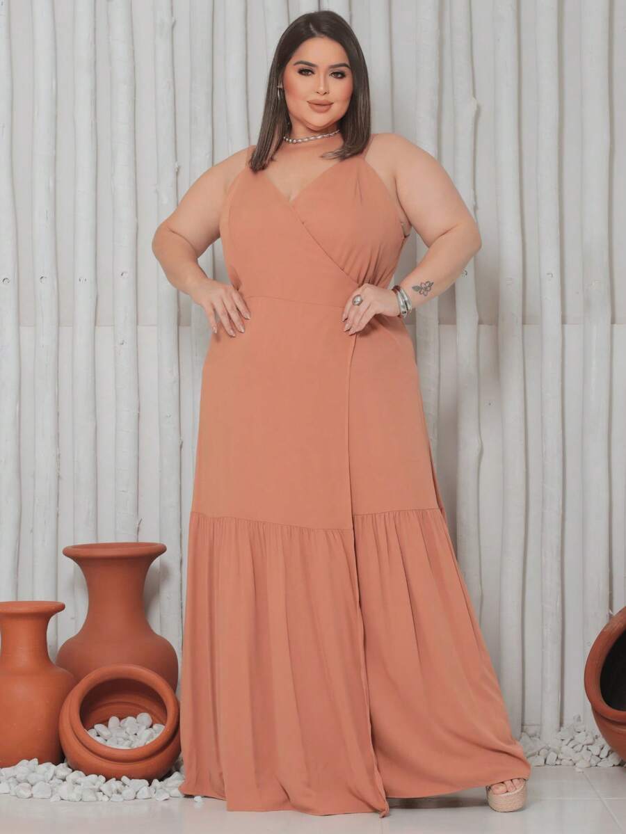 Long Wrap Dress With Thin Straps Made Of Smooth Viscose Linen. - 珊瑚橙 - 查看 1