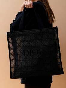 Christian Dior 女士网状手提包，深灰色透明单肩包，棋盘格镂空购物袋，奢华时尚手提包 - 黑色 - 查看 5