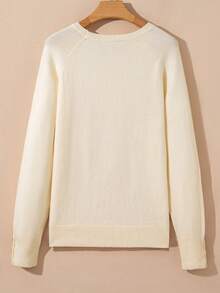 Acelitt Women's Camel Button Puff Sleeve Minimalist Crew Neck Knit Sweater, Autumn - Beige - View 6