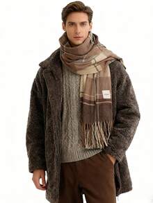1pc Men's British Plaid Scarf - Soft Warm Knitted Shawl, Plaid Pattern (Brown/Black/White/Beige), Beige/Brown Tassel Trim - Durable Winter Neck Warmer Wrap, Suitable For Layering, Elegant Scottish Style Accessory, Women Scarf, Women Winter Scarf - Multicolor - View 2