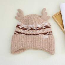 Christmas Beanie With Antlers For Women Winter Warm Knit Hat Soft Stretchy Earflap Hat For Outdoor Activities - 卡其色 - 查看 2