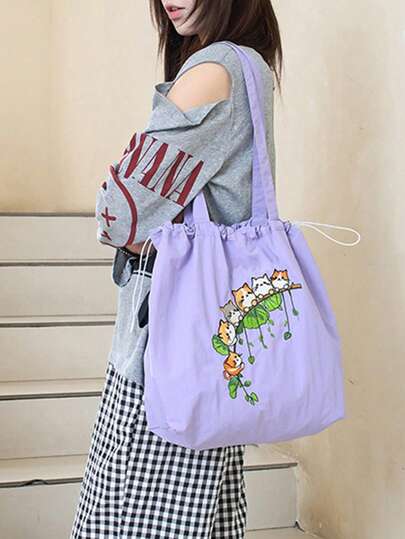 1 Stück Lotus Khaki Nylon Einkaufstasche mit Kordelzug, große Kapazität, geeignet für tägliches Einkaufen, Campus, Reisen, Fotografie, neue Herbst Damen Umhängetasche