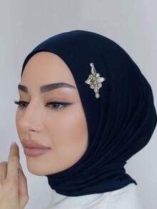 1pc Women's Convenient Button Tie Heavily Embellished Rhinestone Decorated Muslim Instant Hijab - Multicolor - View 2