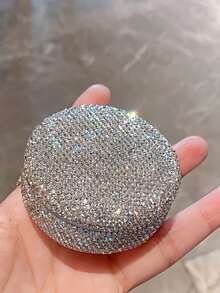 1pc 10g Refillable Luxury Rhinestone Compact Powder Puff Blush Powder Compact Case With Puff, Ideal For Powder Makeup, Travel Friendly Gift