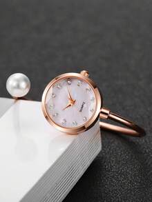 1pc Petite Rhinestone Studded Dial Quartz Wrist Watch With Pearl Bracelet, Minimalist & Versatile For Women - Rose Gold - View 5