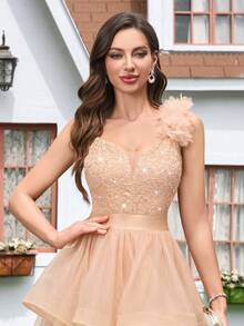 MIUSOL Vestido de fiesta con volantes de encaje con lentejuelas y cuello en V, vestido de verano, vestido de vuelta al colegio, vestido de invitada de boda, vestido de línea A para fiesta de primavera - Champán - Ver 10