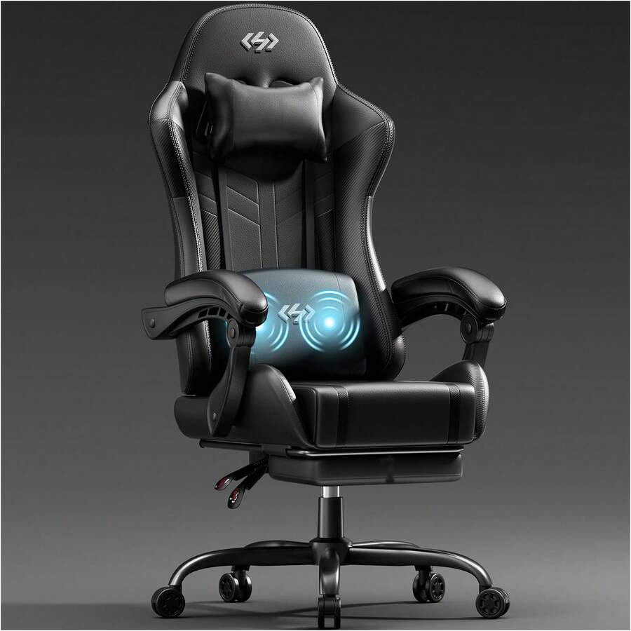 HLONONE Gaming Chair With Massage Function, Ergonomic Gamer Chair, Racing Gaming Chair With Footrest, Headrest And Massage Lumbar Cushion, Padded PC Chair, 150 Kg Load Capacity - 黑色 - 查看 1