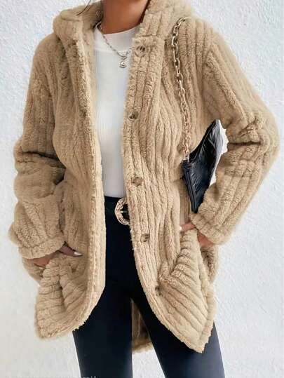 Abrigo de peluche con capucha y manga larga para mujer, chaqueta informal corta de punto acanalado, abrigo cálido de invierno