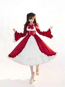 European And American Medieval Retro Gothic Court Dress With Square Collar, Waist Cinched, And Spliced Bow Tie Dress, Lolita Costume - 酒紅色 - 查看 1