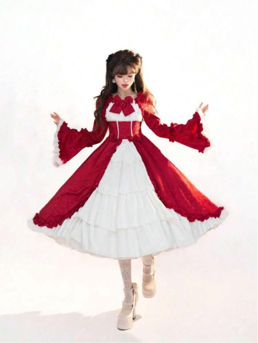 European And American Medieval Retro Gothic Court Dress With Square Collar, Waist Cinched, And Spliced Bow Tie Dress, Lolita Costume - 酒紅色 - 查看 1