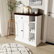 OYAJIA Rustic White Farmhouse Storage Cabinet With Doors,Drawer & Adjustable Shelves - Heavy-Duty Particleboard Construction, 75x30x80cm Freestanding Cupboard With 3cm Thick Top, 3.2+ Cubic Feet Capacity For Living Room, Kitchen, Entryway - Easy Assembly - White - View 3