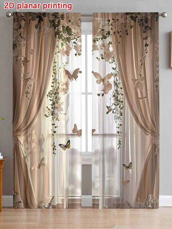 2pcs/Set 2D Floral Printed Modern Art Decorative Curtains, Semi-Sheer Curtains For Living Room, Bedroom, Home Decor