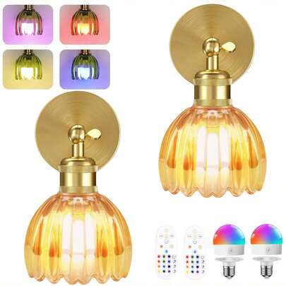 Rechargeable Vintage Wall Lamp, Green Tulip Glass Shade, Gold Color With Remote Control, Wireless Wall Light, 15-Color Dimmable Lighting For Bedroom, Living Room And Hallway Decor