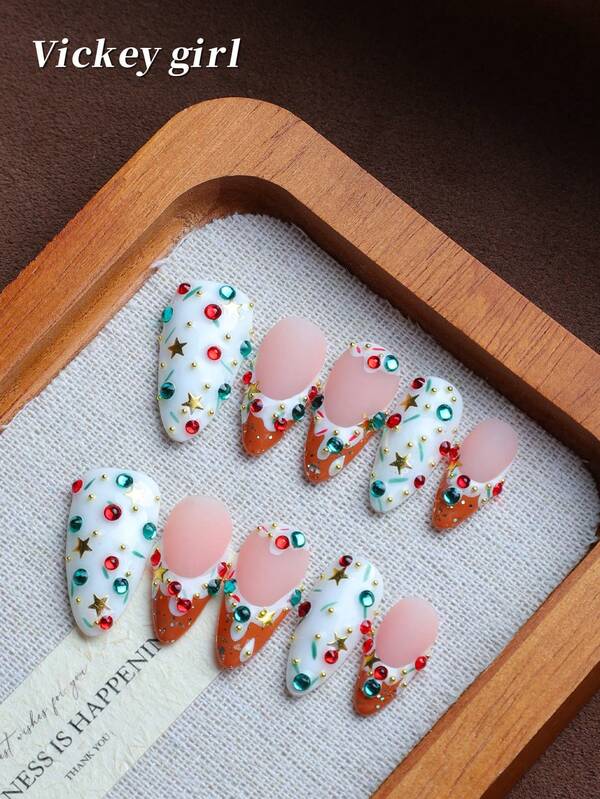 أظافر صناعية فرنسية متعددة الألوان مرصعة بالألماس، أظافر يدوية متوسطة وطويلة عصرية