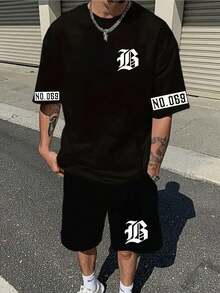 Streetwear Set With Bold B Print - 100% Cotton T-Shirt & Shorts - READ THE DESCRIPTION - COMPLETE SET (BLACK SHIRT + BLACK SHORTS) - View 1