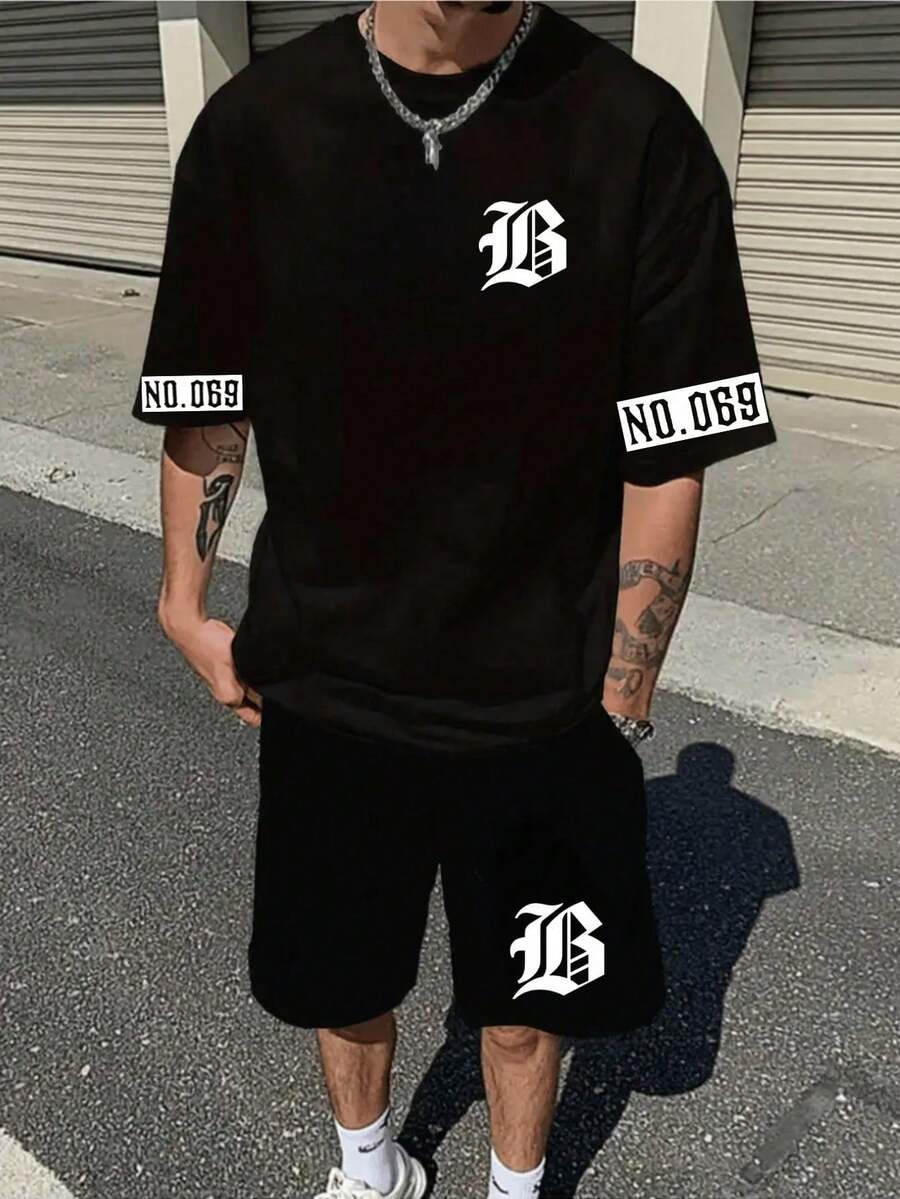 Streetwear Set With Bold B Print - 100% Cotton T-Shirt & Shorts - READ THE DESCRIPTION - COMPLETE SET (BLACK SHIRT + BLACK SHORTS) - View 1