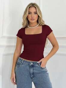 Set Of 3 Women's Baby Look Blouses With Square Neckline, Short Sleeves, Basic Shaping, Versatile, Casual Fashion, No Transparency, Fabric With Elastane, , Blogger Style, Affordable - XANH ĐẬM-XÁM-VÀNG - Xem 5