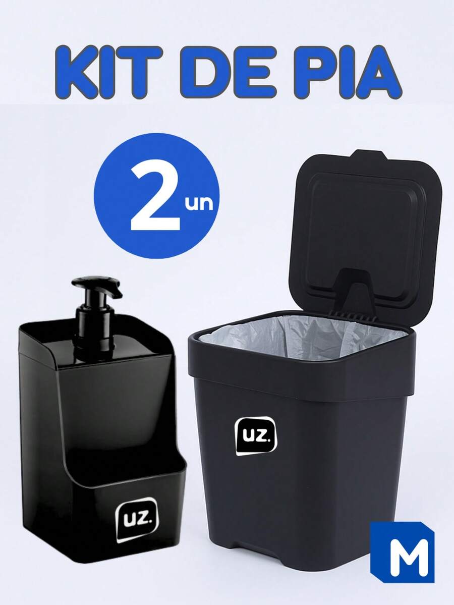 2-Piece Set: Sink Detergent Dispenser And Kitchen Trash Can, Pink Or Black - 黑色 - 查看 1