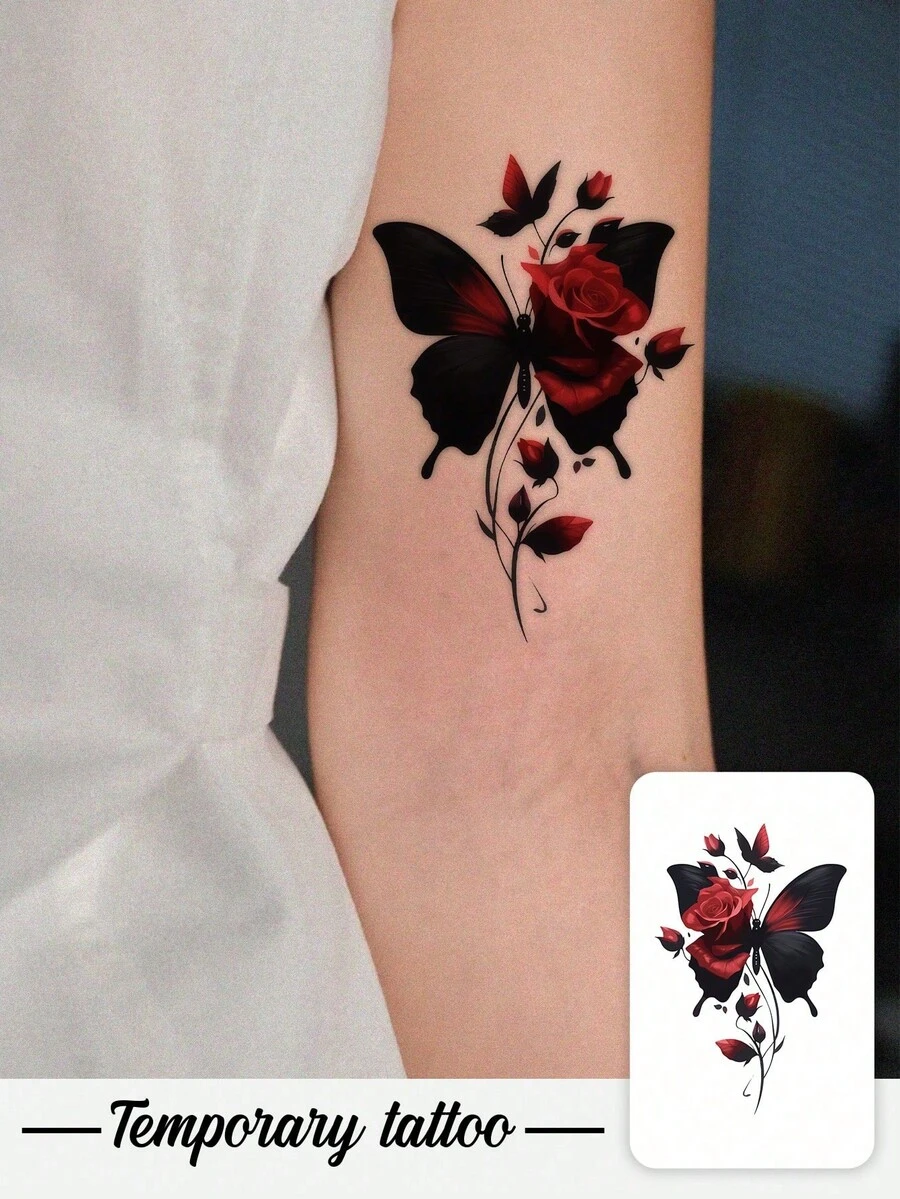 1张纹身贴纸,Y2K风格红黑玫瑰花蝴蝶图案,防水防汗,可水洗,不反光,手臂和肩膀仿真纹身,适合时尚人士,可维持3-5天。 - 彩色 - 查看 1