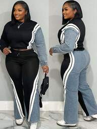 Valentine's Day, Date Night Outfit, Gifts For Her GLOURI Women's Denim Patchwork Co-Ord Set - Matching Jeans Set With Color Block Design | Long Sleeve Tracksuit & Contrast Stitching For Streetwear Athleisure Fall And Winter