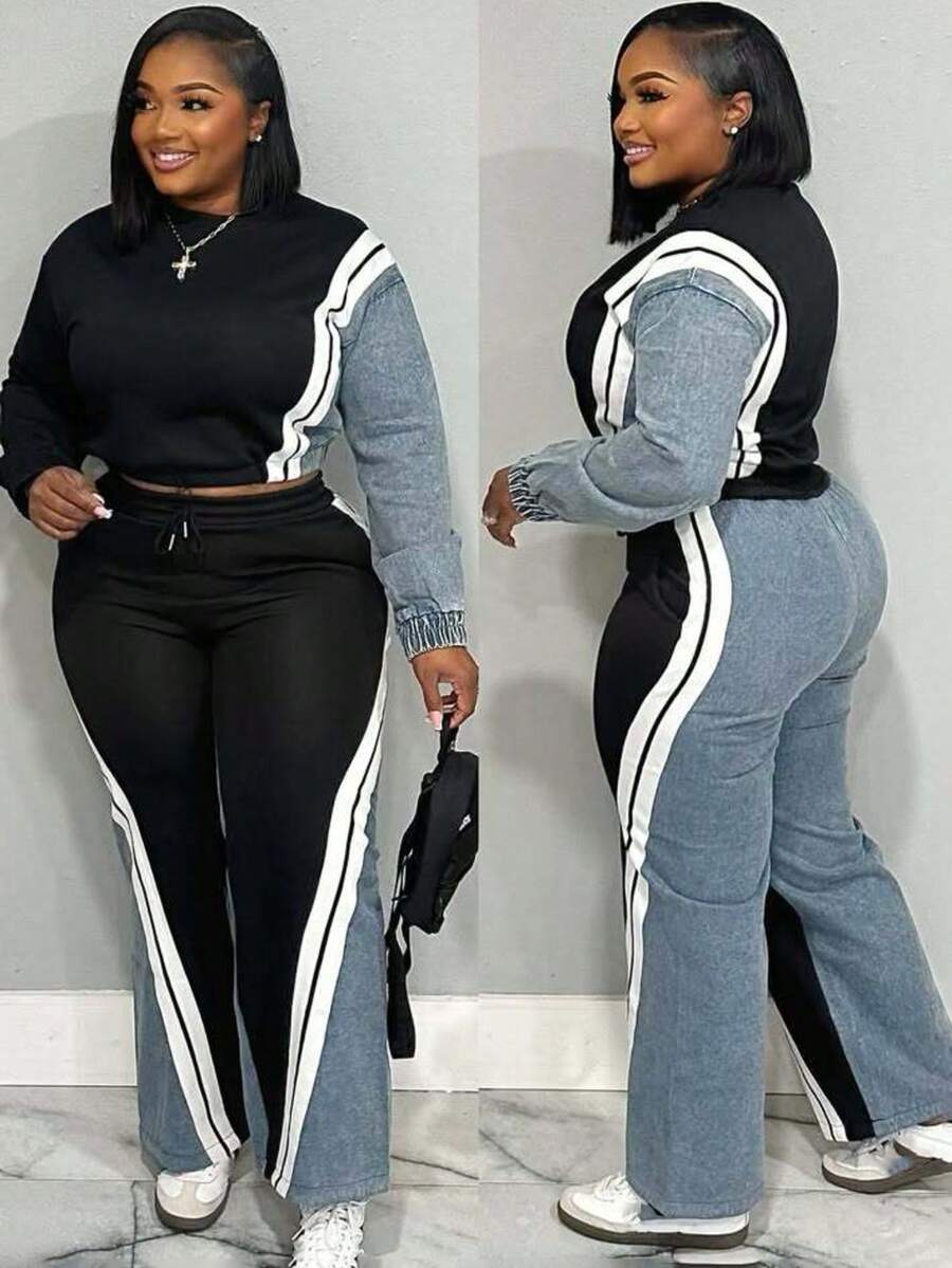 GLOURI Women's Denim Patchwork Co-Ord Set - Matching Jeans Set With Color Block Design | Long Sleeve Tracksuit & Contrast Stitching For Streetwear Athleisure Fall And Winter - 黑色 - 查看 1