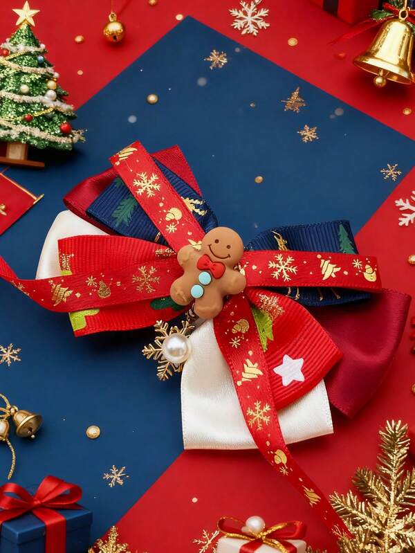 قطعة واحدة مشبك شعر للنساء بتصميم رجل زنجبيل من الراتنج، فيونكة مخططة باللون الأحمر، جرس جميل، ثلج، لؤلؤ، مناسب للاستخدام اليومي والحفلات، جميل وأنيق