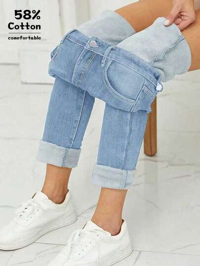 Winter Thicken Thermal Lined Skinny Stretch Washed Denim Jeans
