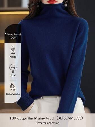 LINY XIN Women's 100% Merino Wool Seamless Sweater Turtleneck Fall Winter Warm Soft Knitted Vintage Sweater Long Sleeve Knitted Pullover Tops